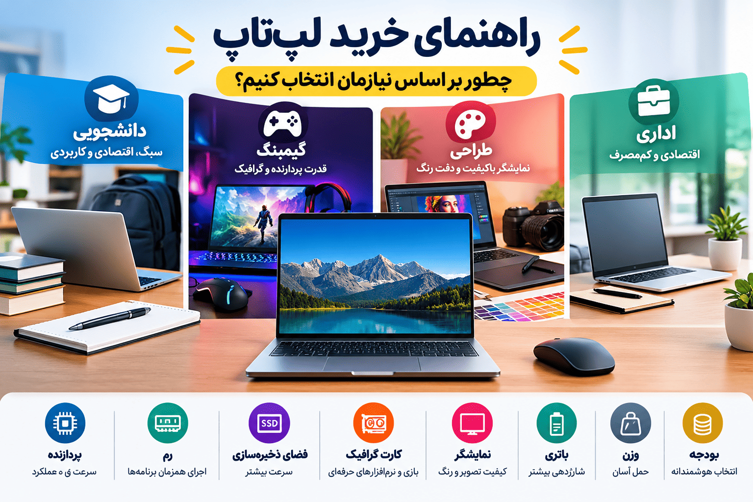 راهنمای خرید لپ‌تاپ بر اساس نیاز دانشجو، گیمینگ، طراحی و کار اداری
